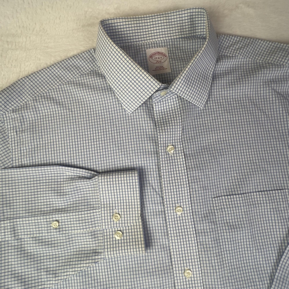 Brooks Brothers Dress Shirt Mens 17 Blue Check Non Iron Long Sleeve Cotton - Picture 1 of 8